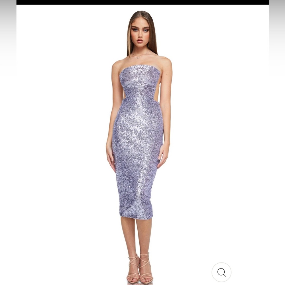 Nookie Lavender sequin strapless midi dress mesh on sides of bodice Sz S